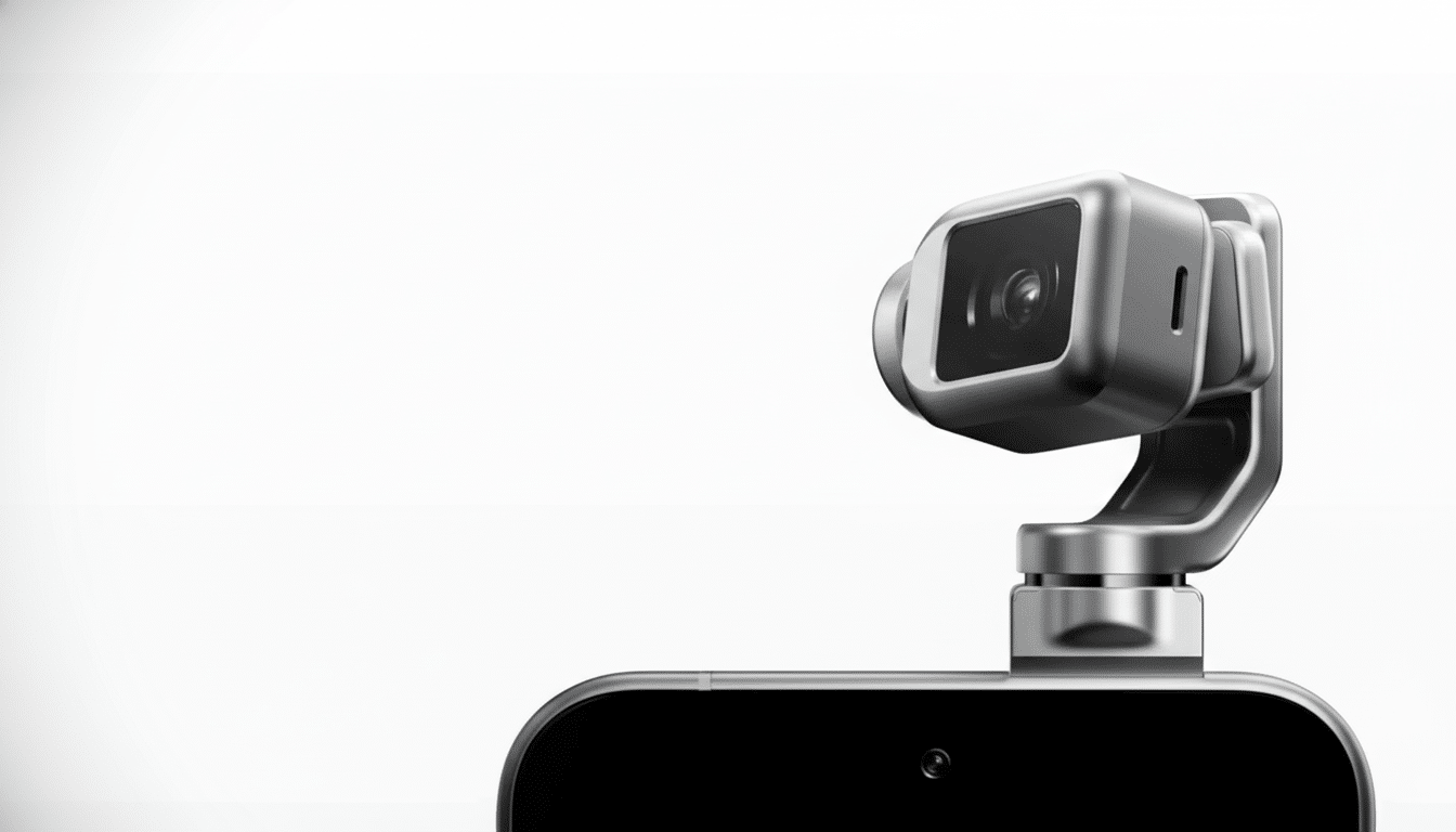 A sleek , silver camera attachment for a smartphone, shown against a clean white background, presented in a 16 :9 aspect ratio .