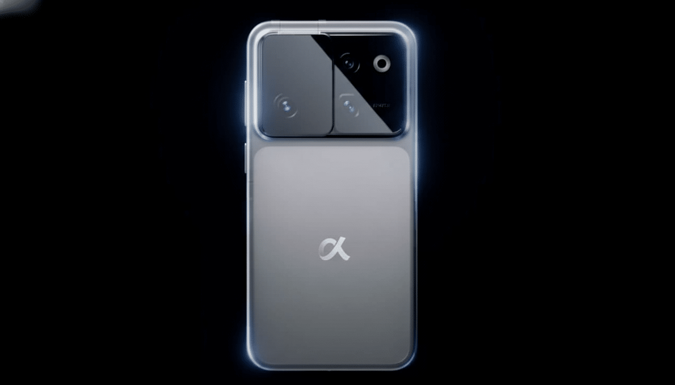 A professional , enhanced image of a gray smartphone with a prominent camera module and the Alpha logo on its back, set against a dark background , resized to a 16: 9 aspect ratio.