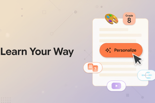 A professional flat design image with Learn Your Way text, featuring an app interface with a Personal ize button, a paint palette, and other icons, set against a soft gradient background with subtle patterns. Filename : learnyour wayapp interface.png