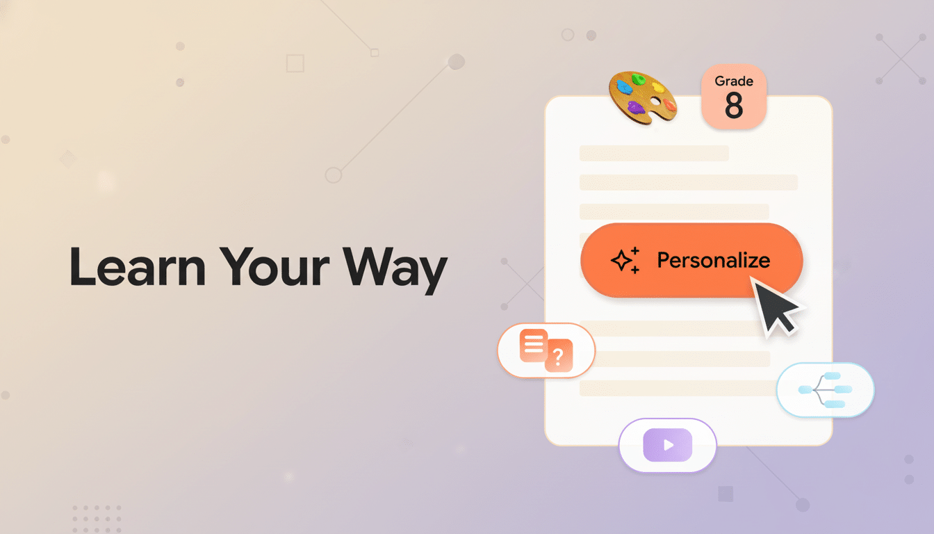 A professional flat design image with Learn Your Way text, featuring an app interface with a Personal ize button, a paint palette, and other icons, set against a soft gradient background with subtle patterns. Filename : learnyour wayapp interface.png