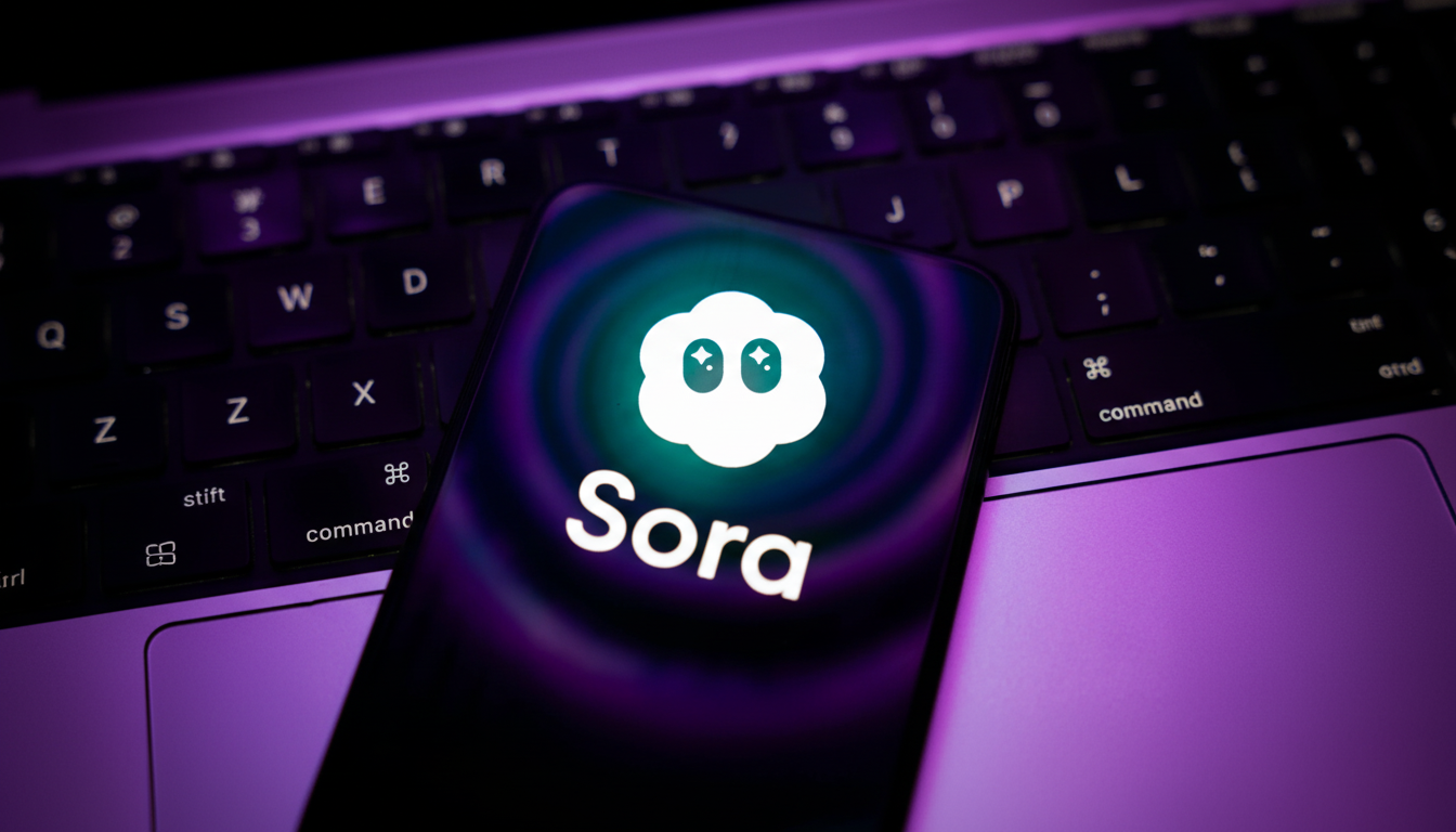 A smartphone displaying the Sora logo and name on its screen, resting on a laptop keyboard.