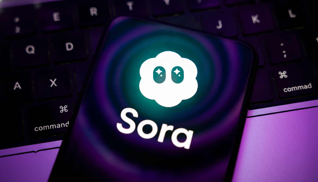 A smartphone displaying the Sora app logo and name, set against a keyboard background, resized to a 16:9 aspect ratio.
