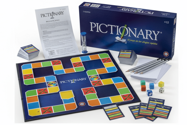 A professional overhead shot of the P ictionary board game set , including the game board, box , rulebook, pencils , paper , sand timer, dice, and category cards, all arranged neatly on a white background .