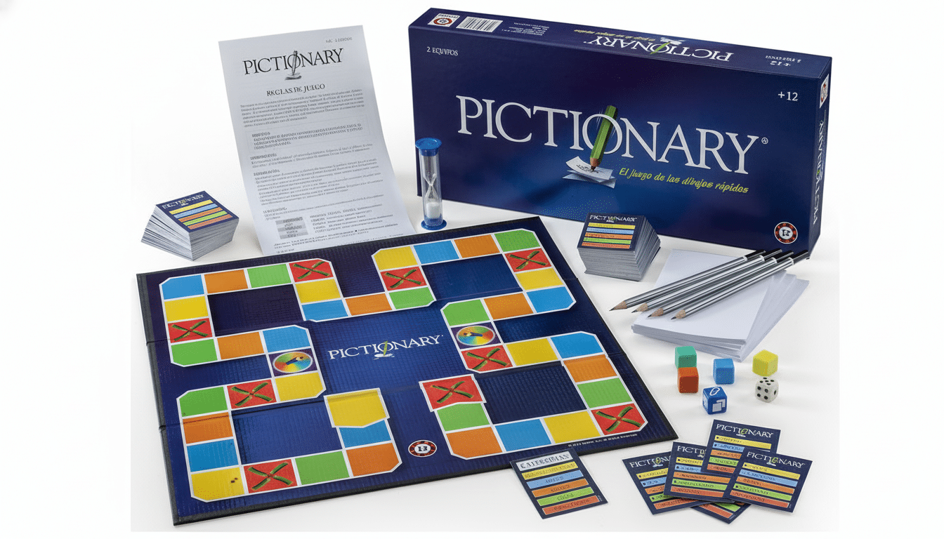 A professional overhead shot of the P ictionary board game set , including the game board, box , rulebook, pencils , paper , sand timer, dice, and category cards, all arranged neatly on a white background .