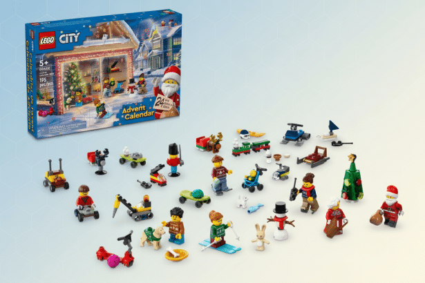 A professional 16:9 image showing a LEGO City Advent Calendar box in the upper left, with all its contents , including various mini- figures, vehicles, and accessories , spread out across a light blue and white gradient background with subtle hexagonal patterns.