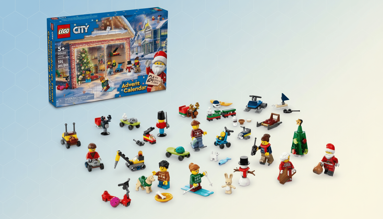 A professional 16:9 image showing a LEGO City Advent Calendar box in the upper left, with all its contents , including various mini- figures, vehicles, and accessories , spread out across a light blue and white gradient background with subtle hexagonal patterns.