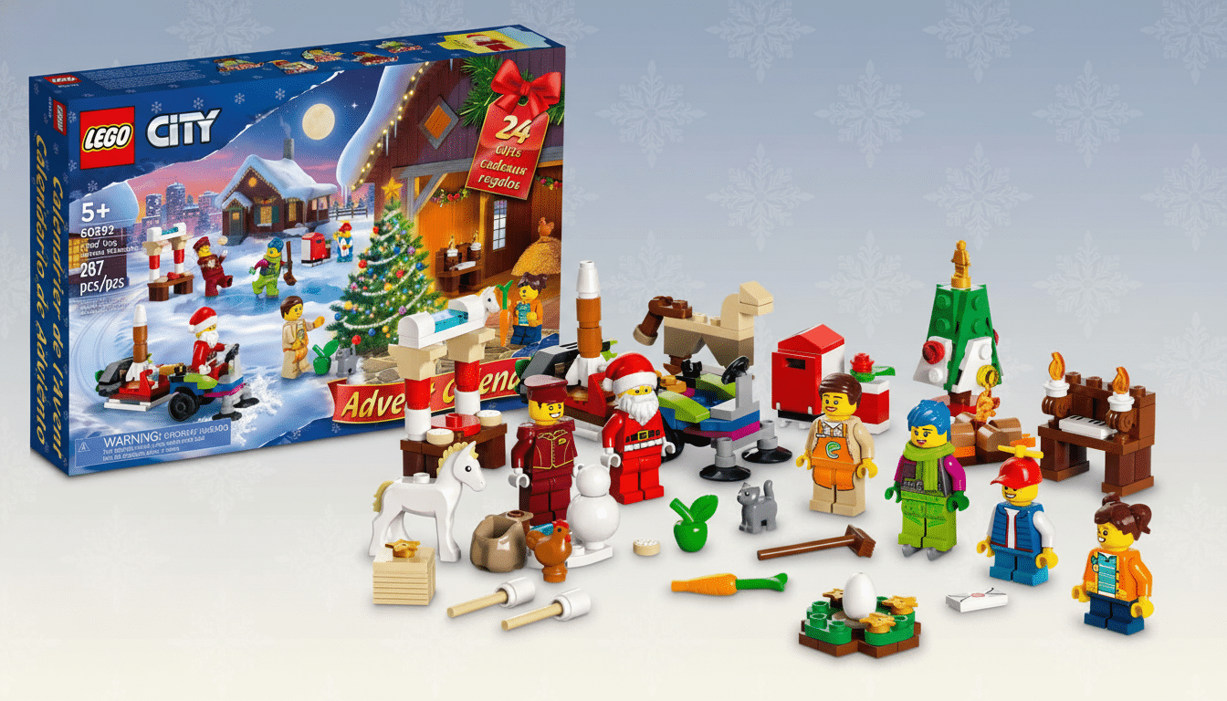 A professional studio shot of the LEGO City Advent Calendar box positioned to the left, with all 24 individual build able toys and minifigures from the calendar spread out in the foreground . The background is a subtle gray gradient with faint snowflake patterns.