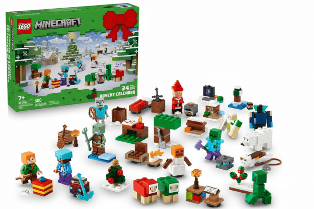 A 16:9 aspect ratio image of a LEGO Minecraft Advent Calendar box and its contents, featuring various Minecraft - themed minifigures , animals , and accessories arranged on a clean white background.