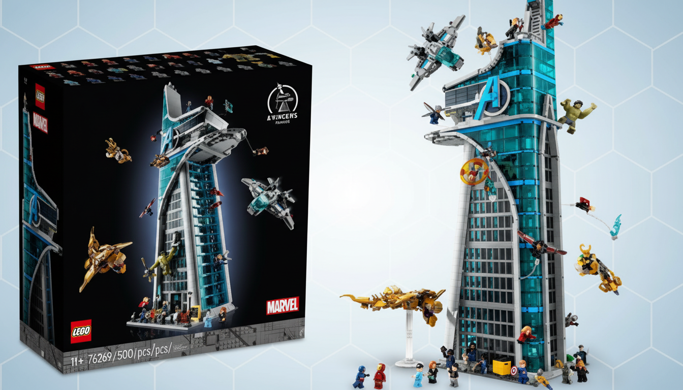 A LEGO set of the Avengers Tower with its box, presented on a professional flat design background with soft patterns.