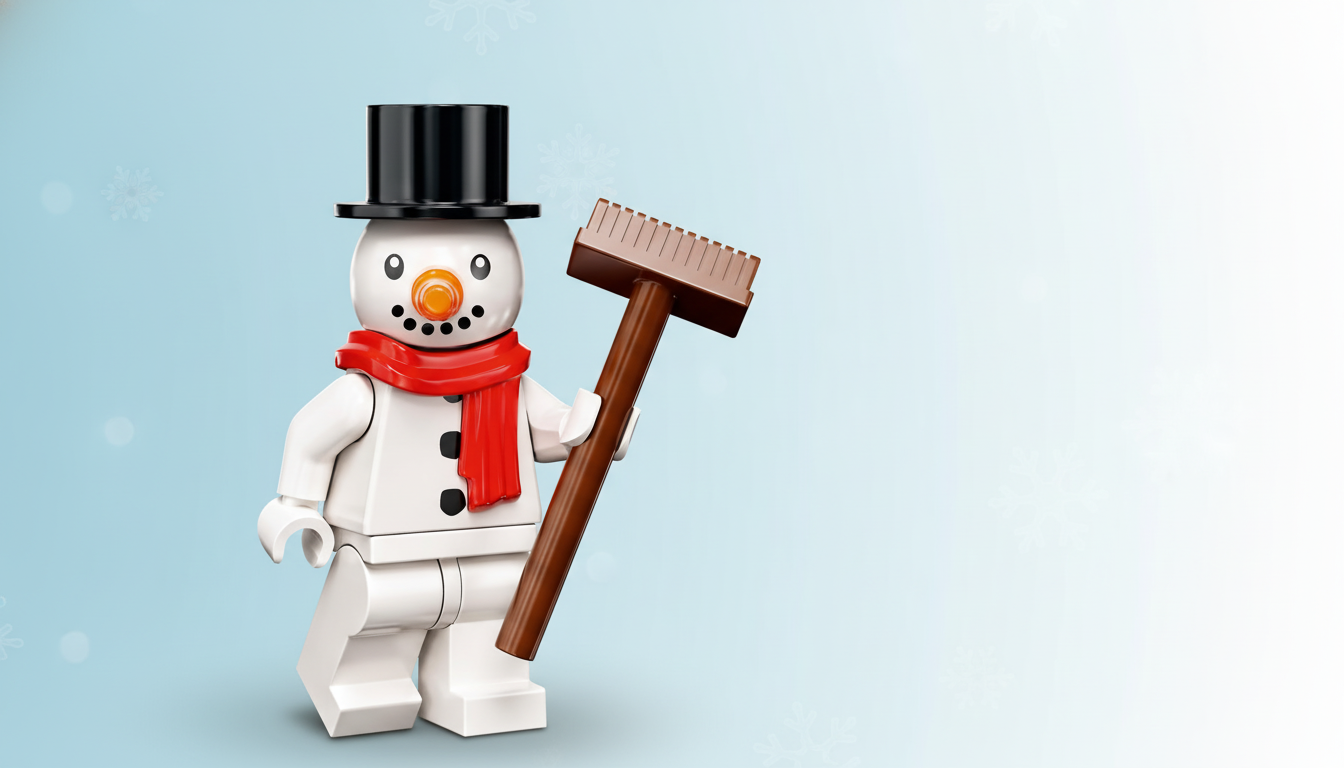 A Lego snowman figure wearing a black top hat and a red scarf, holding a brown broom, set against a light blue background with subtle snowflake patterns.