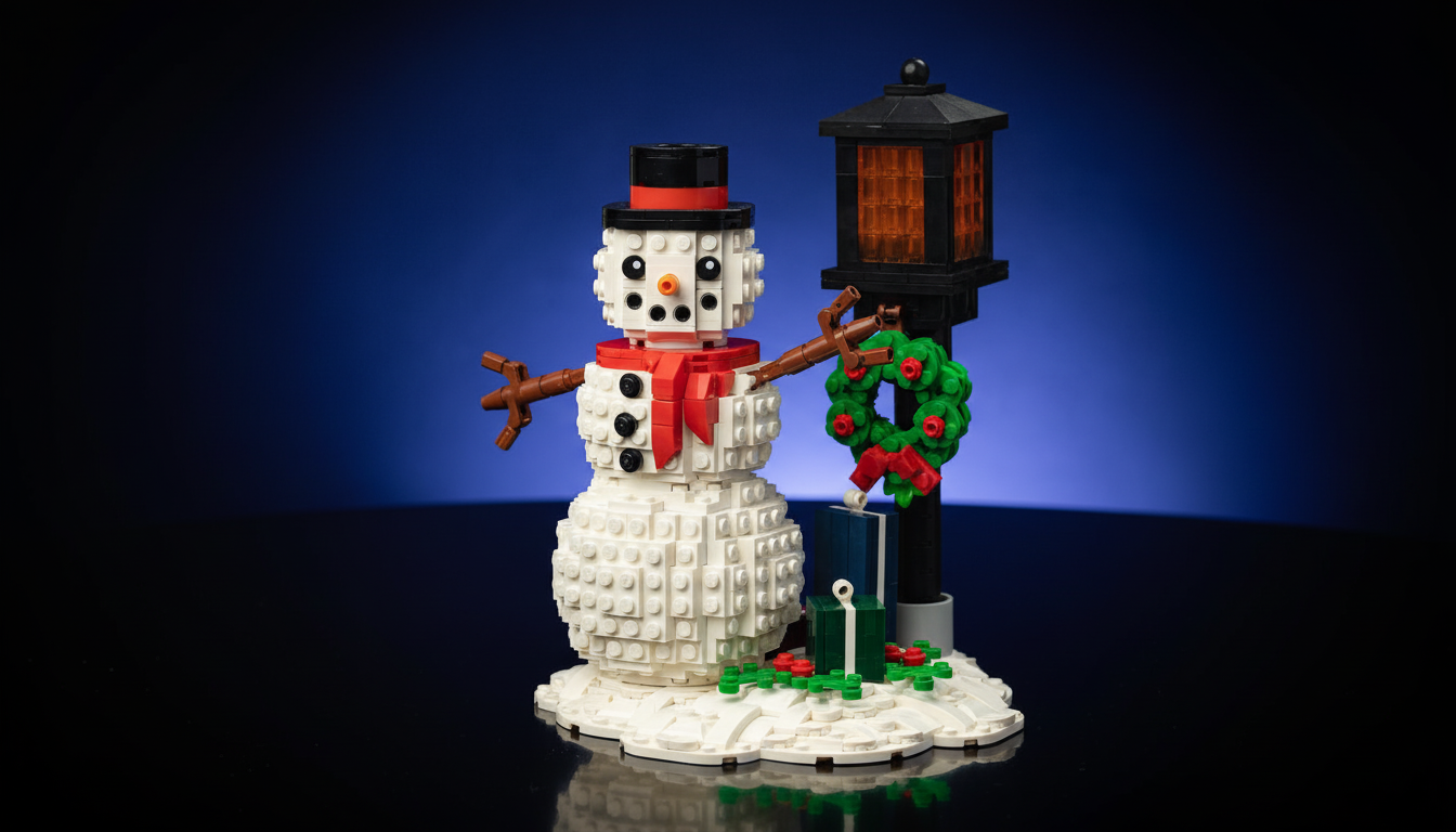 A Lego snowman wearing a top hat and red scarf stands next to a black lamppost adorned with a green wreath and red bow, with small Lego presents at its base, all on a white Lego snowdrift against a dark blue background.