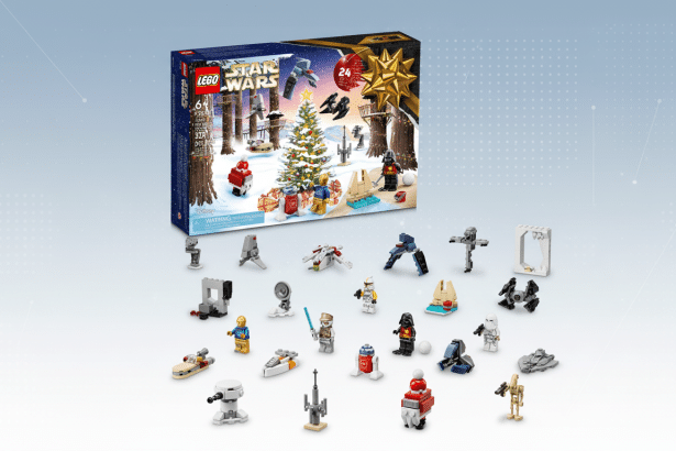 A professional image of the LEGO Star Wars Advent Calendar box and all its contents laid out, against a subtle gradient and pattern background. Filename : legostar warsad ventcalendar display.png