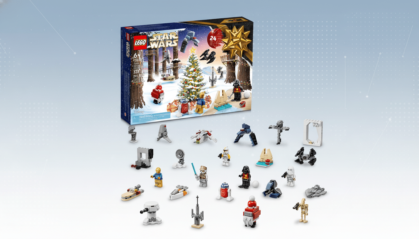 A professional image of the LEGO Star Wars Advent Calendar box and all its contents laid out, against a subtle gradient and pattern background. Filename : legostar warsad ventcalendar display.png