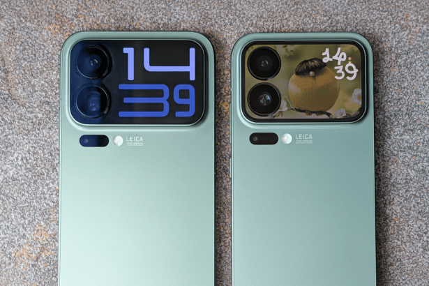 A top -down view of two light green smartphones with prominent camera arrays and screens displaying time and a bird wallpaper, set against a textured