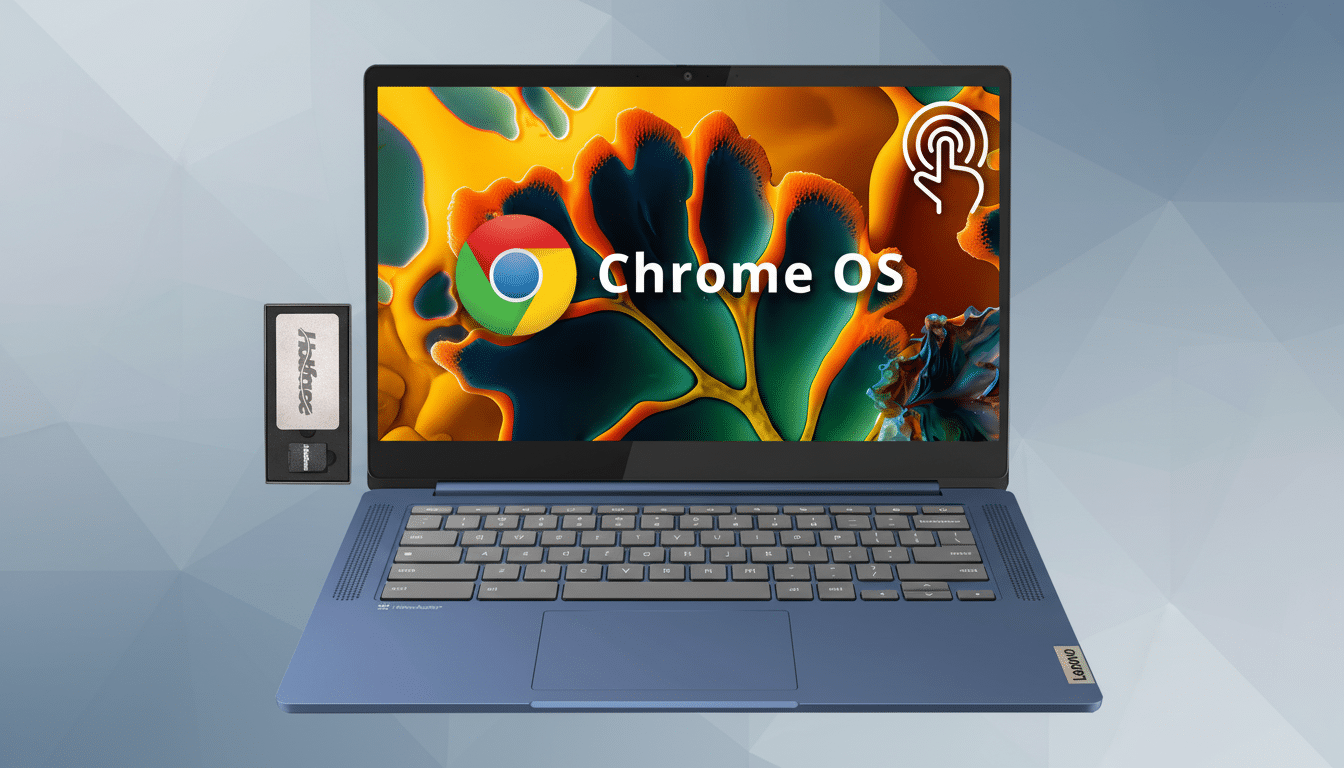 A blue Lenovo laptop with Chrome OS displayed on the screen, accompanied by the Chrome logo and a touch - enabled icon . A USB drive and a microSD card are visible to the left of the laptop. The background has been replaced with a professional flat design featuring soft geometric patterns in shades of grey and blue. Filename : len ovochrom ebookprofessional .png