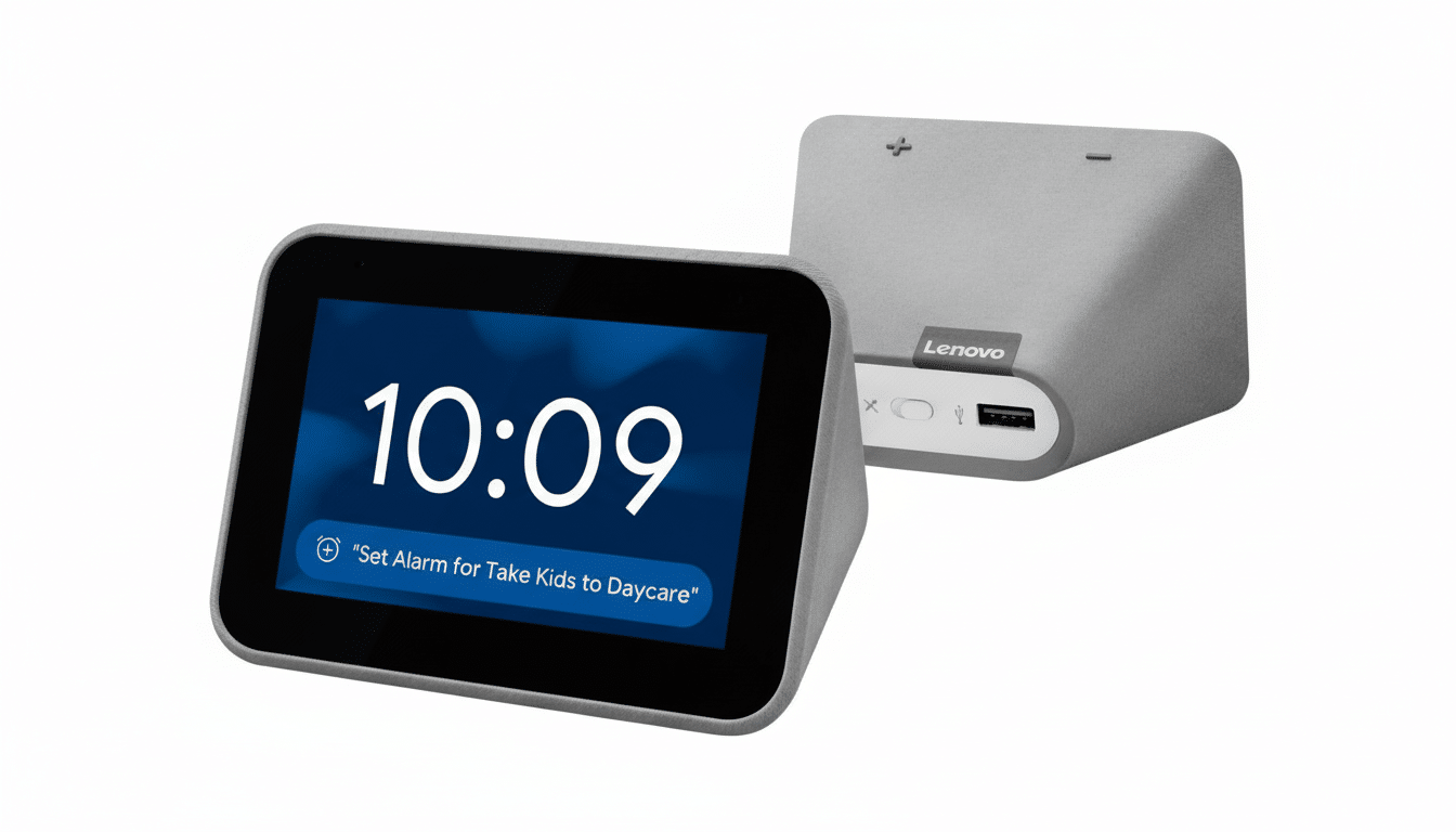A Lenovo Smart Clock with a white background, displaying the time 10 :09 and a message Set Alarm for Take Kids to Daycare.
