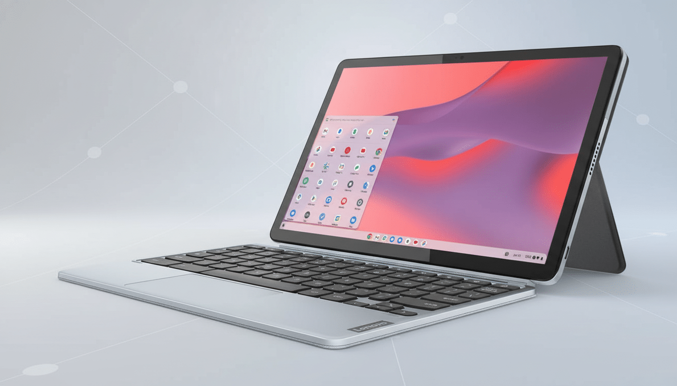 A Lenovo Chromebook tablet with a detachable keyboard, displaying a colorful background and app icons on its screen, set against a modern professional