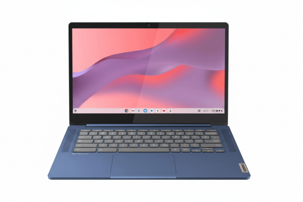 A blue Lenovo Chromebook laptop with a red and purple wavy background on the screen, presented on a clean white background.