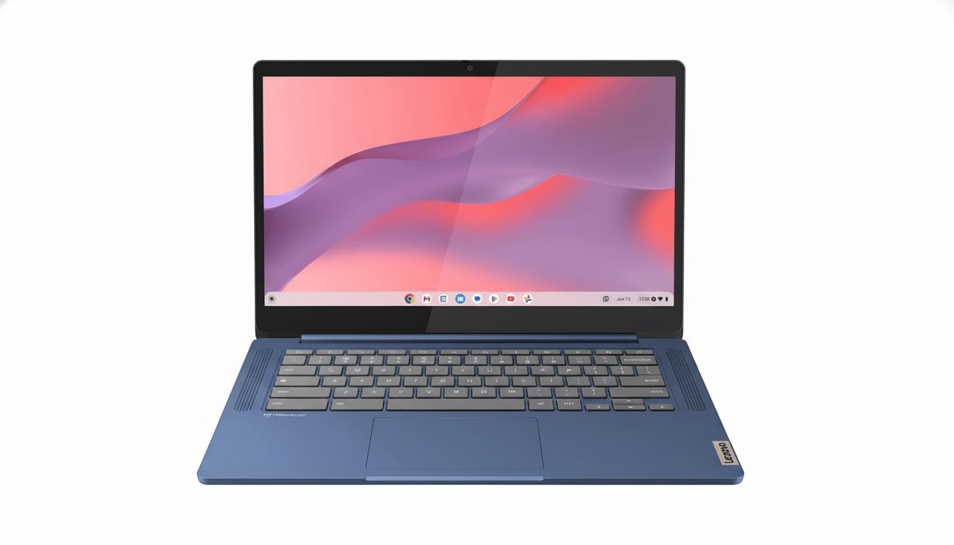 A blue Lenovo Chromebook laptop with a red and purple wavy background on the screen, presented on a clean white background.