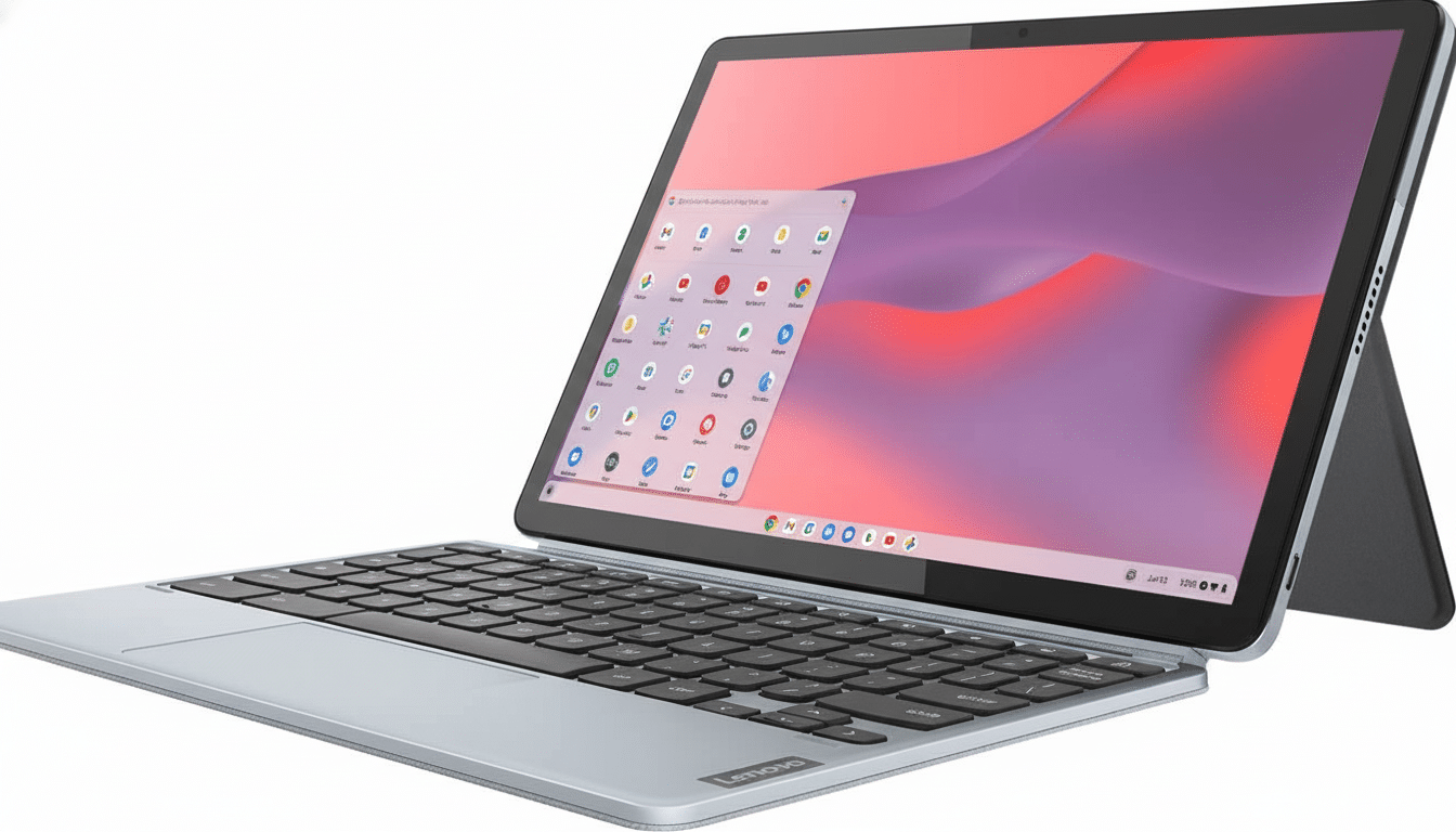 A professional , eye-level shot of a Lenovo Chromebook Du et 3 in tablet mode with a detachable keyboard, displaying the Chrome OS interface on its screen. Filename : lenovo chromebookdu et3 professional.png