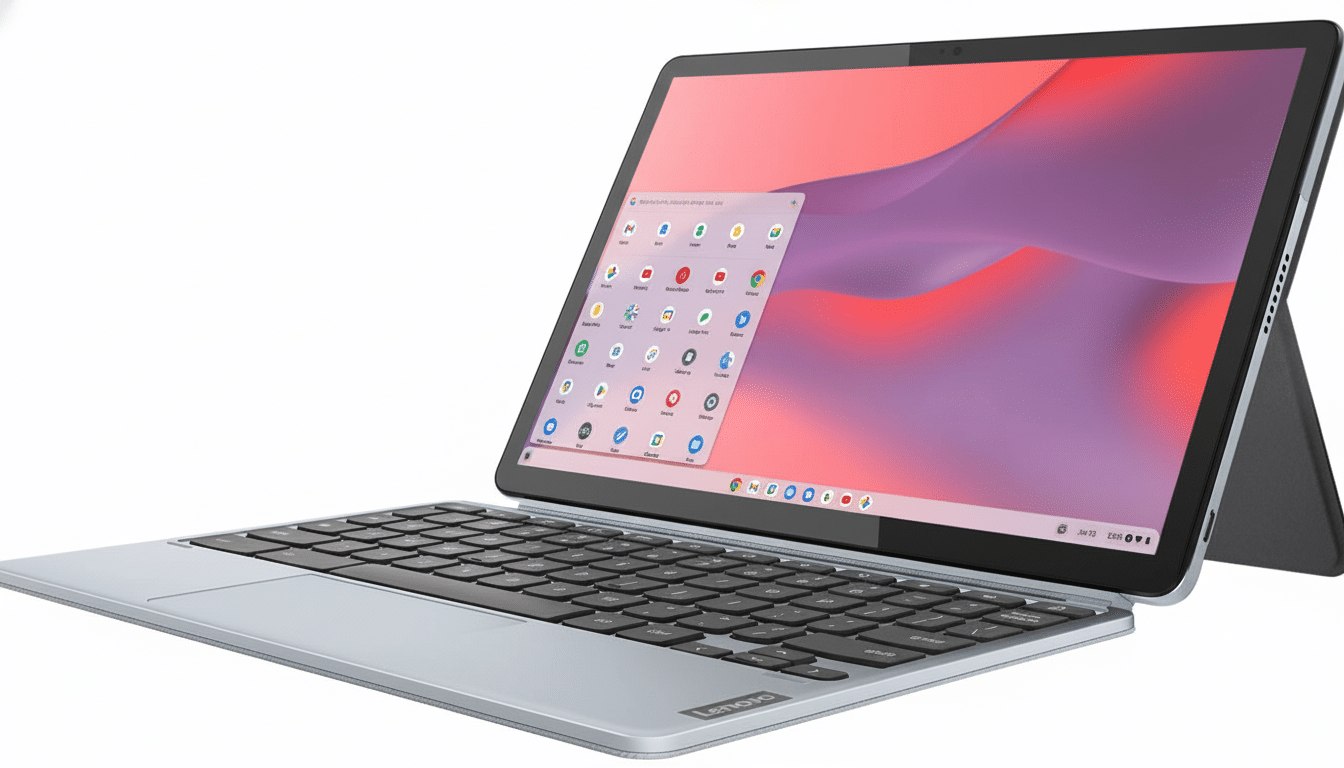 A Lenovo tablet with a detachable keyboard, displaying the ChromeOS interface with app icons, against a plain white background.