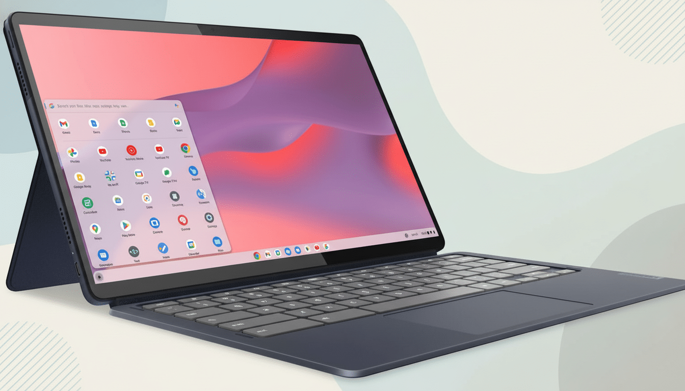 A professional shot of a dark blue Lenovo Chromebook Du et 5 , shown at an angle with its screen displaying the Chrome OS interface and a grid of application icons. The background features a soft, light green and grey gradient with subtle , undulating patterns.