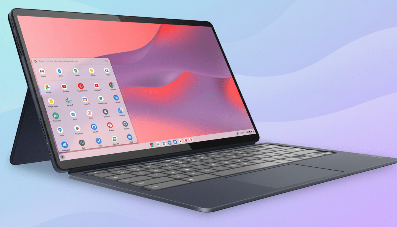 A professional image of a dark blue convertible laptop with a detachable keyboard, displaying a colorful user interface with various app icons, set ag