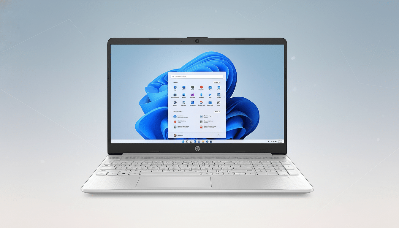 A silver HP laptop with Windows 11 displayed on the screen, set against a soft gray background with subtle geometric patterns.