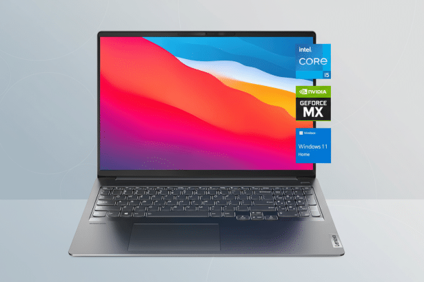 A professional shot of a silver Lenovo laptop featuring an Intel Core i 5 processor, NVIDIA GeForce MX graphics, and Windows 1 1 Home, displayed against a soft gray background.