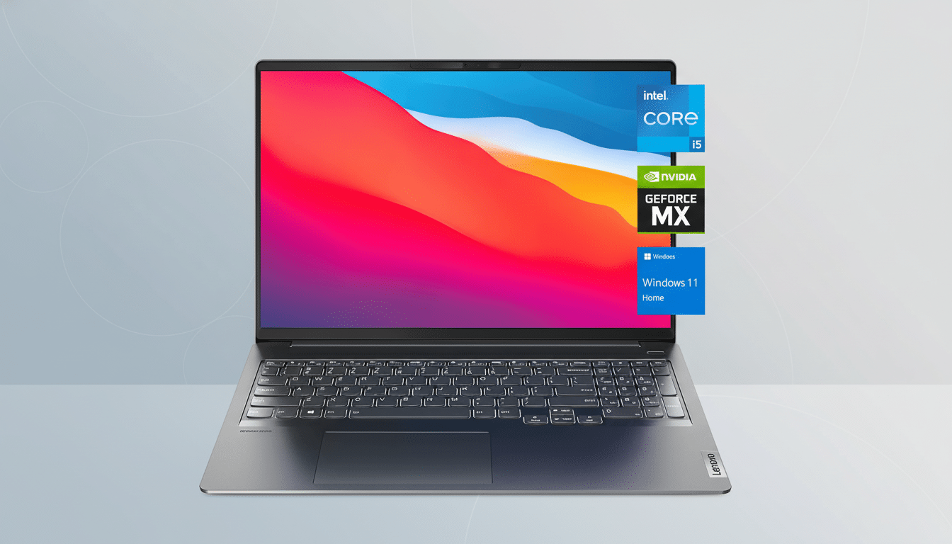 A professional shot of a silver Lenovo laptop featuring an Intel Core i 5 processor, NVIDIA GeForce MX graphics, and Windows 1 1 Home, displayed against a soft gray background.