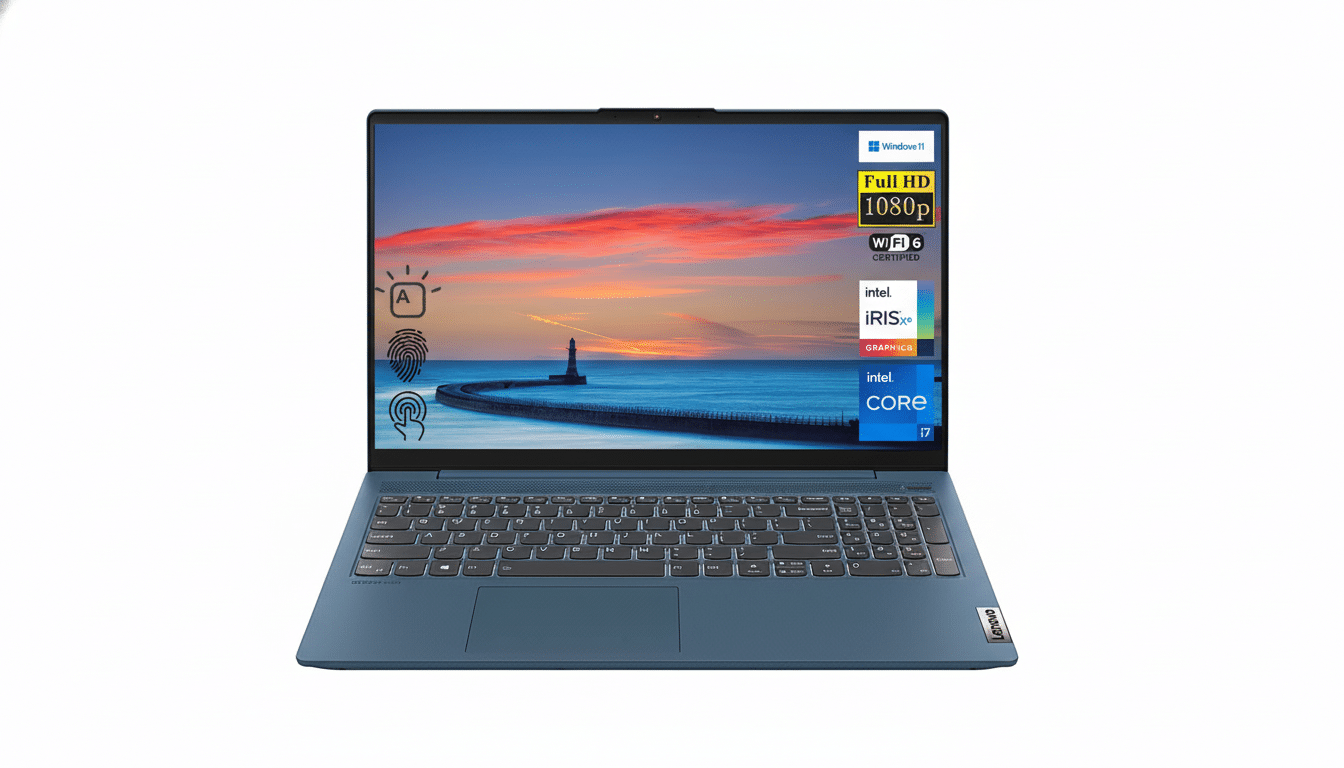 A blue Lenovo laptop with a vibrant screen showing a pier and sunset, resized to a 16: 9 aspect ratio with a clean white background.