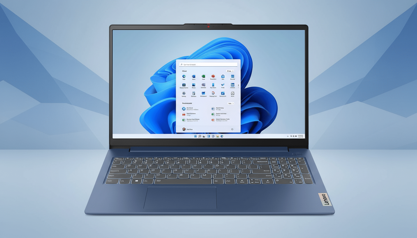 A blue Lenovo laptop with Windows 11 displayed on its screen, set against a soft blue gradient background. Filename : lenovo laptopwindows 11.png