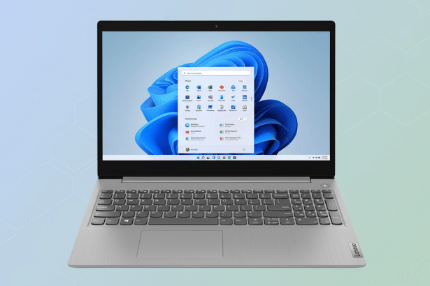 A Lenovo laptop displaying Windows 11 with a professional, soft gradient and geometric pattern background. Filename : lenovo laptopwindows 11.png