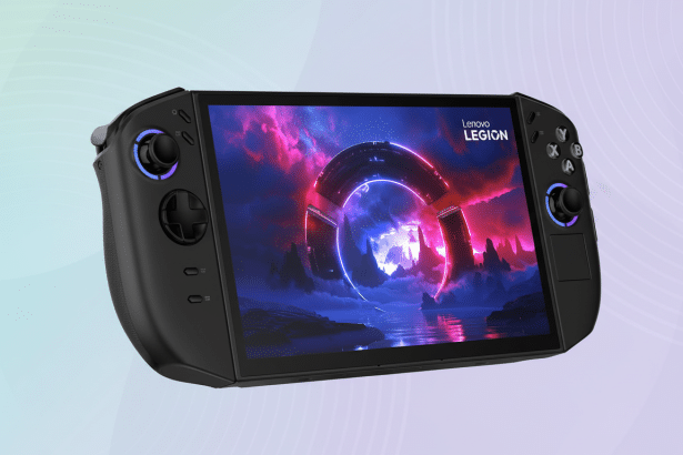 A Lenovo Legion Go handheld gaming PC shown at a 1 6: 9 aspect ratio, preserving the original professional flat design background with soft patterns a