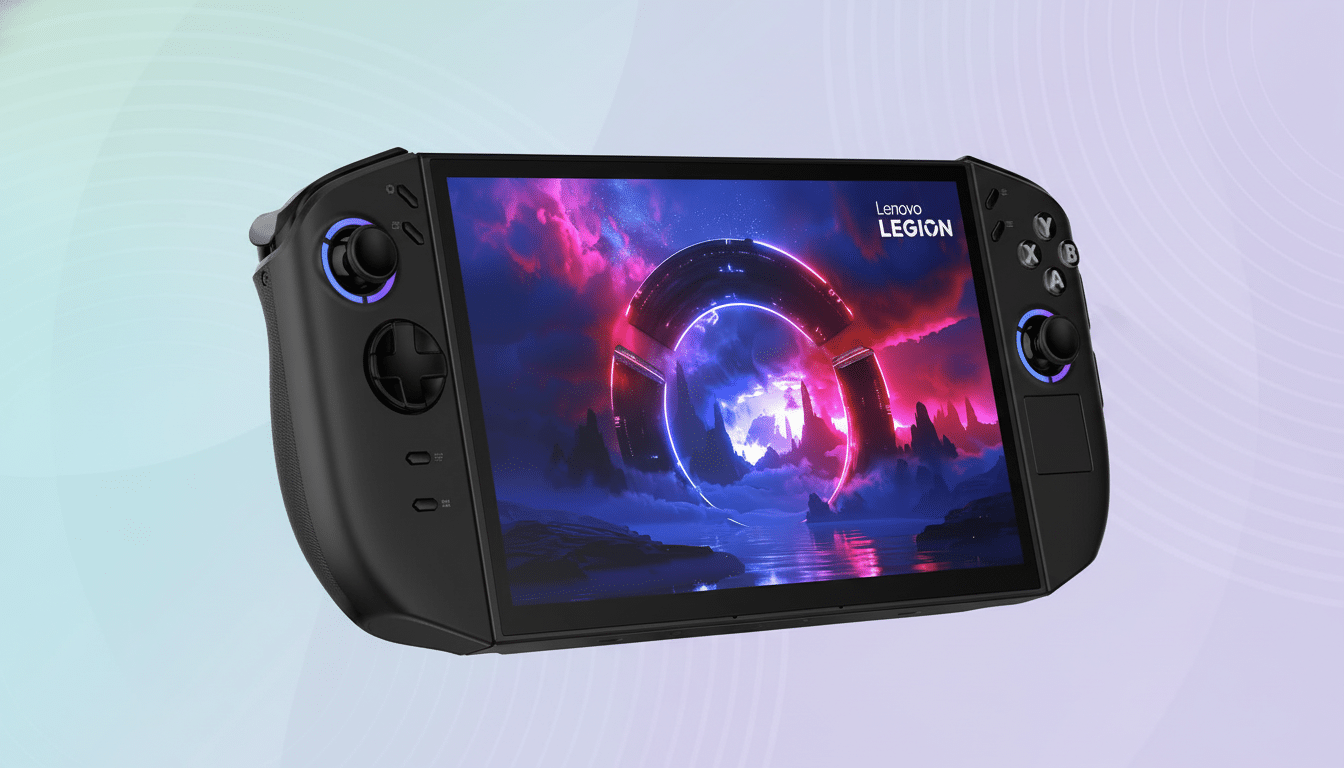 A Lenovo Legion Go handheld gaming PC shown at a 1 6: 9 aspect ratio, preserving the original professional flat design background with soft patterns a
