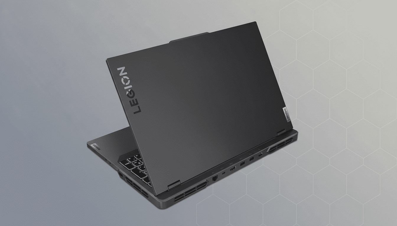 A dark gray Lenovo Legion laptop is angled with its lid slightly open , showcasing the  LEGION branding on the lid and the illuminated keyboard. The background is a soft gray with a subtle hexagonal pattern. Filename : lenovo legionlaptop professional.png