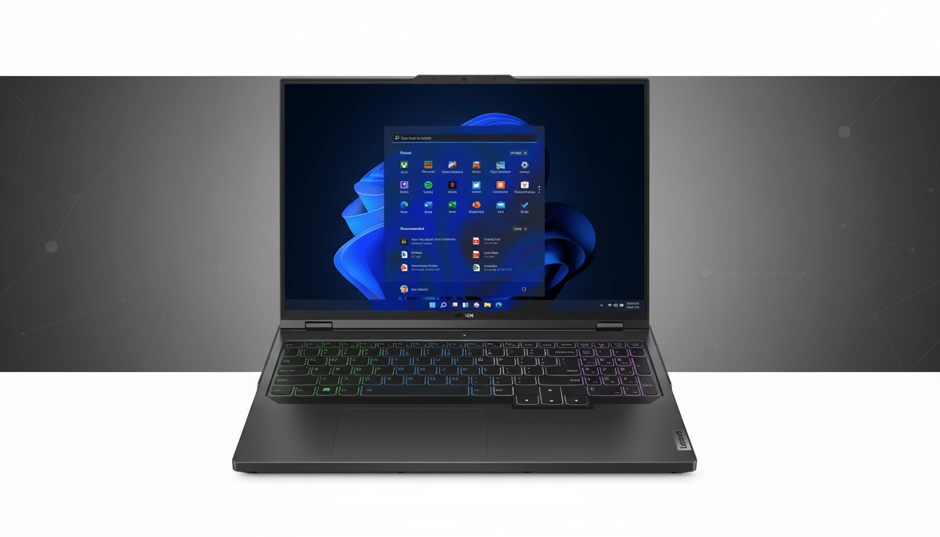 A Lenovo Legion gaming laptop with its screen displaying the Windows 11 start menu on a grey background with subtle geometric patterns. Filename : lenovo legionlaptop windows 1 1.png