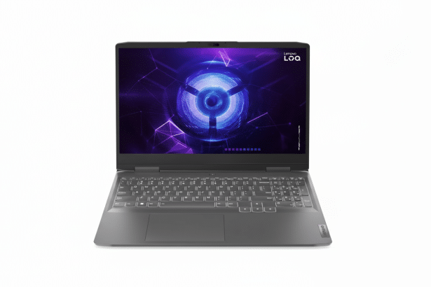 A professional , enhanced image of a Lenovo LOQ laptop against a clean white background, resized to a 16: 9 aspect ratio, maintaining its original appearance .