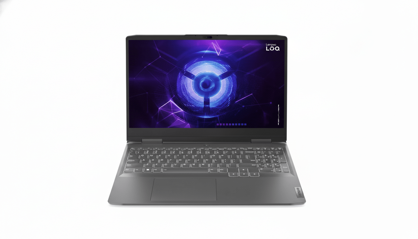 A professional , enhanced image of a Lenovo LOQ laptop against a clean white background, resized to a 16: 9 aspect ratio, maintaining its original appearance .