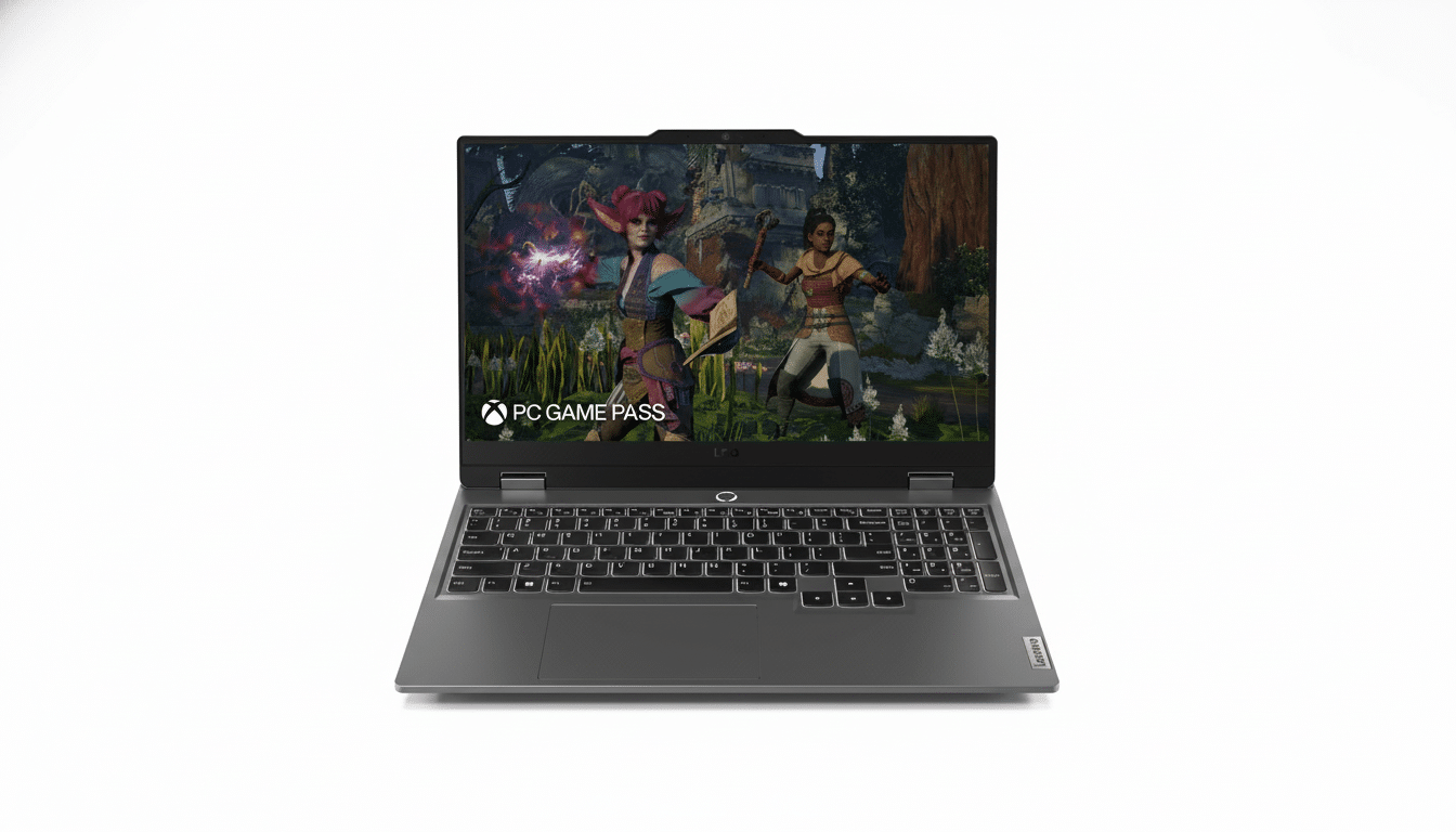 A professional shot of a dark gray Lenovo Legion gaming laptop, open and displaying a video game scene with two female characters and an Xbox PC Game Pass logo, against a clean white background. Filename : lenovo legiongaming laptop1 69. png