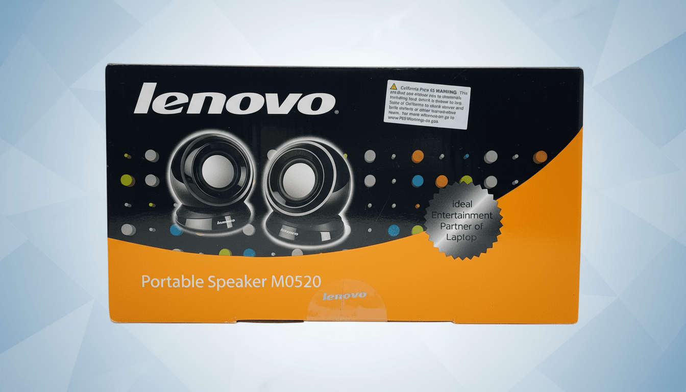 A professional, enhanced image of a Lenovo Portable Speaker M 0520 box, now in a 16 :9 aspect ratio . The box itself is largely unchanged, presented against a clean , light blue background with a subtle linear gradient .