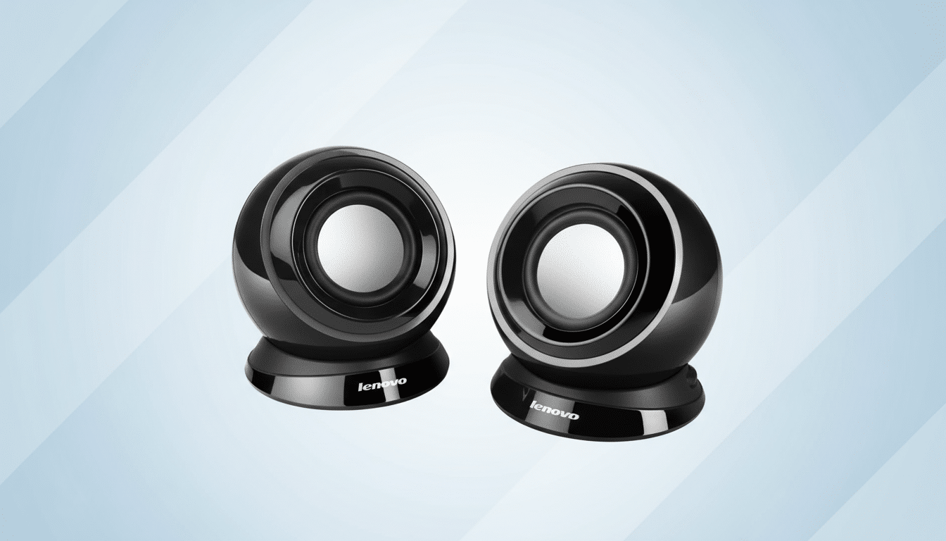 A pair of sleek black Lenovo speakers with silver speaker cones , set against a professional light blue gradient background with subtle horizontal stripe patterns. Filename : lenovo speakersprofessional .png
