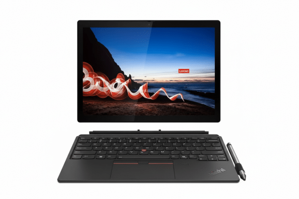 A professional , enhanced image of a black Lenovo ThinkPad X 1 Tablet with its keyboard base and a stylus , set against a clean white background. The screen displays a dynamic landscape with light trails at dusk .