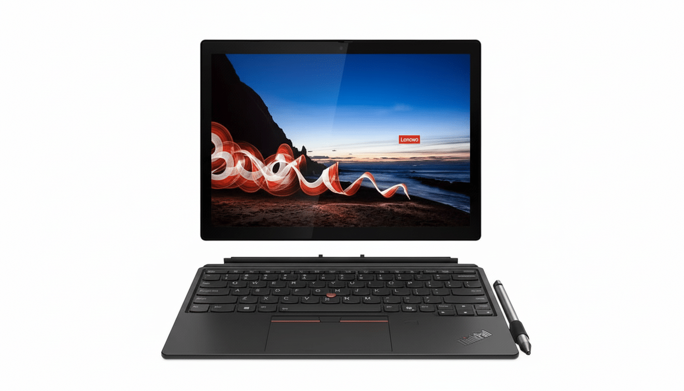 A professional , enhanced image of a black Lenovo ThinkPad X 1 Tablet with its keyboard base and a stylus , set against a clean white background. The screen displays a dynamic landscape with light trails at dusk .