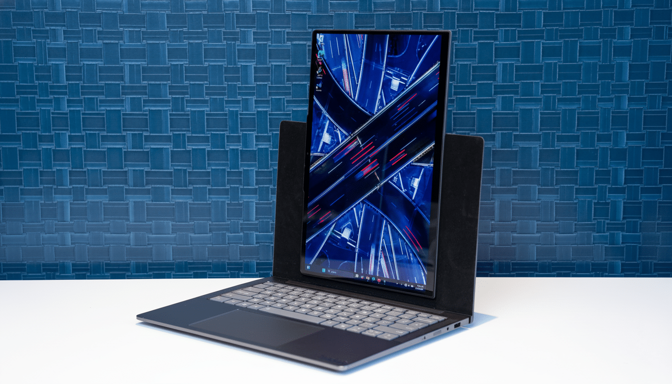 A professional shot of a laptop with its screen upright, displaying a nighttime aerial view of a city intersection. The laptop is set against a textur