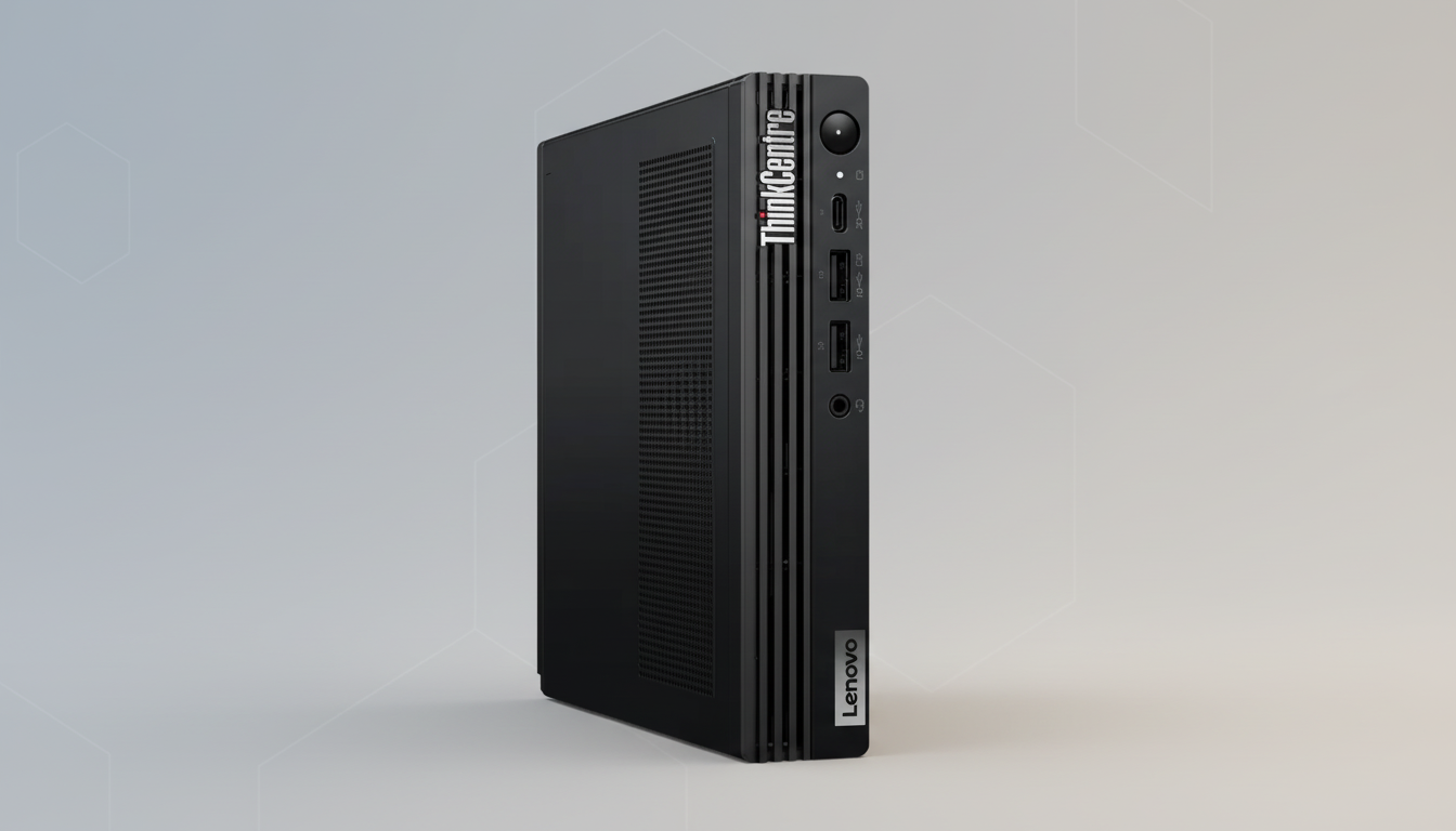 A black Lenovo ThinkCentre mini PC is shown at an angle on a professional gray background with subtle geometric patterns.