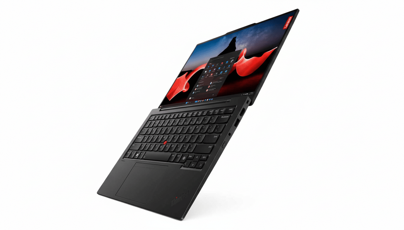 A black Lenovo ThinkPad laptop with its screen angled upwards, displaying a desktop interface with a red and black abstract wallpaper. The laptop is s