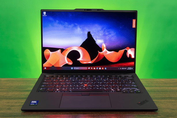 A black Lenovo ThinkPad laptop with an illuminated keyboard and a colorful desktop background featuring a night sky and abstract orange shapes, set against a vibrant green backdrop .