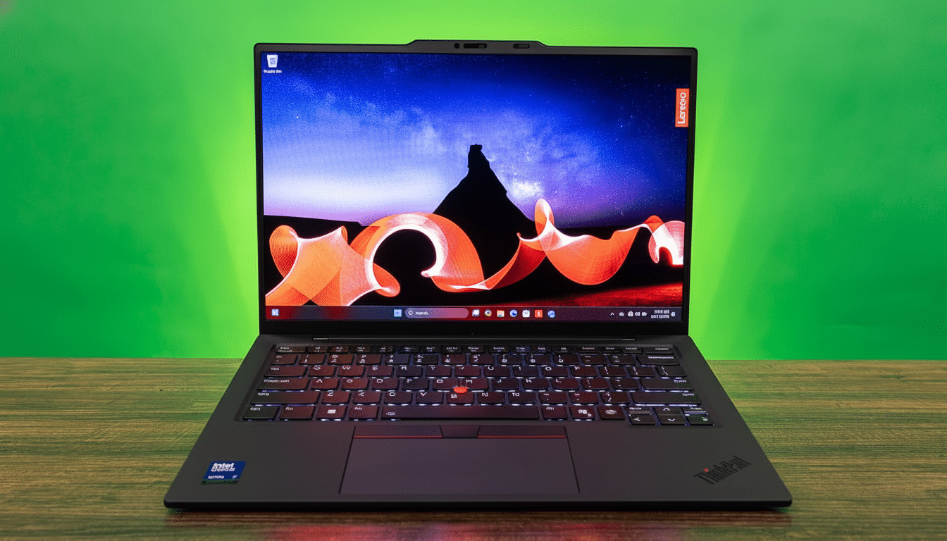 A black Lenovo ThinkPad laptop with an illuminated keyboard and a colorful desktop background featuring a night sky and abstract orange shapes, set against a vibrant green backdrop .