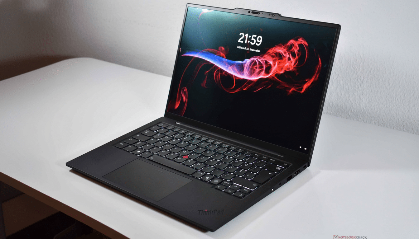 A black Think Pad laptop with a vibrant red and blue smoke -like design on its screen, displayed on a white desk .